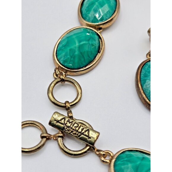 Vintage Amrita Singh glass green cabachon necklace and clip earring set - Picture 2 of 11